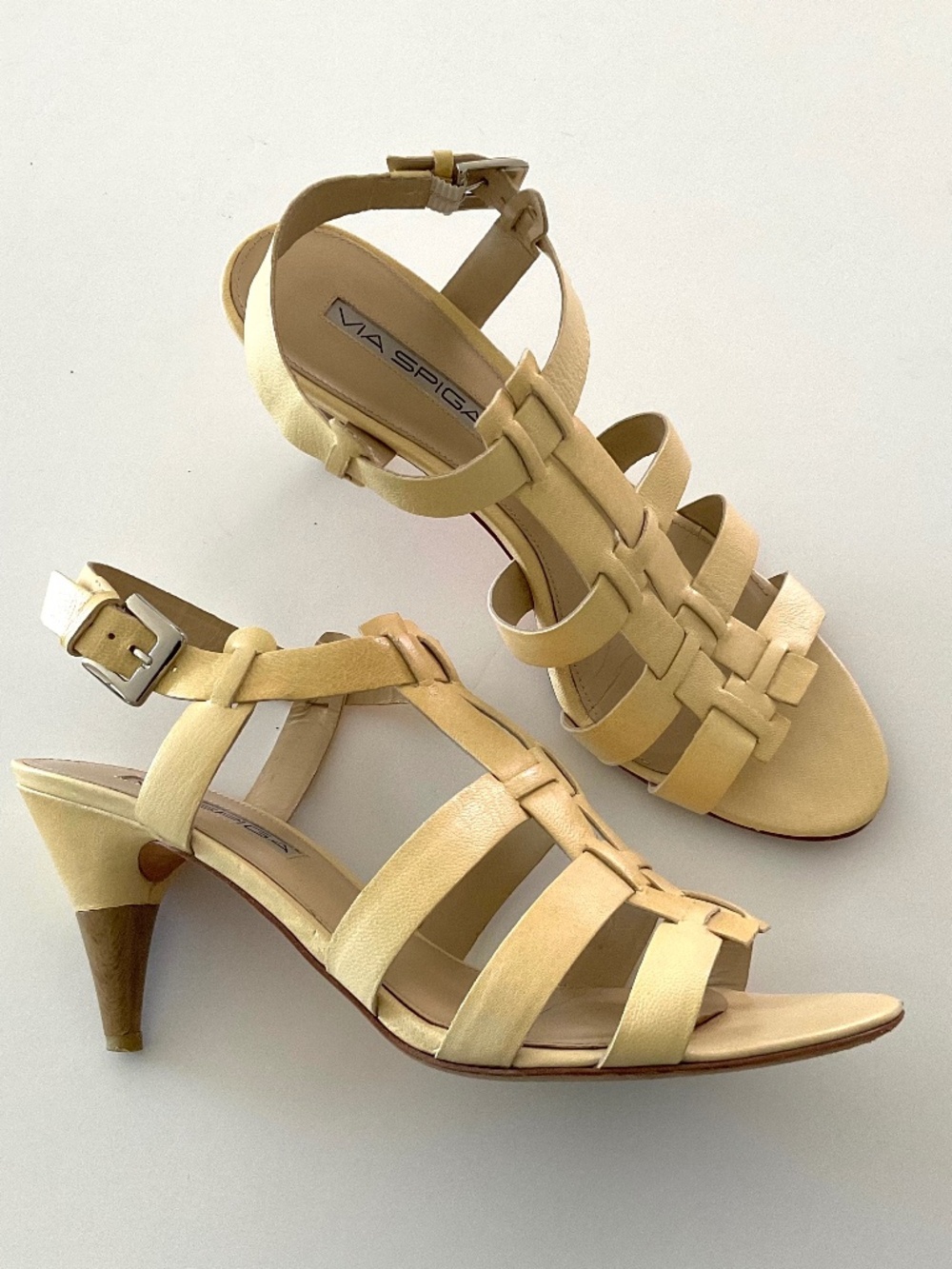 VIA SPIGA Caged Leather Heeled Sandal Pale Yellow Size 8.5